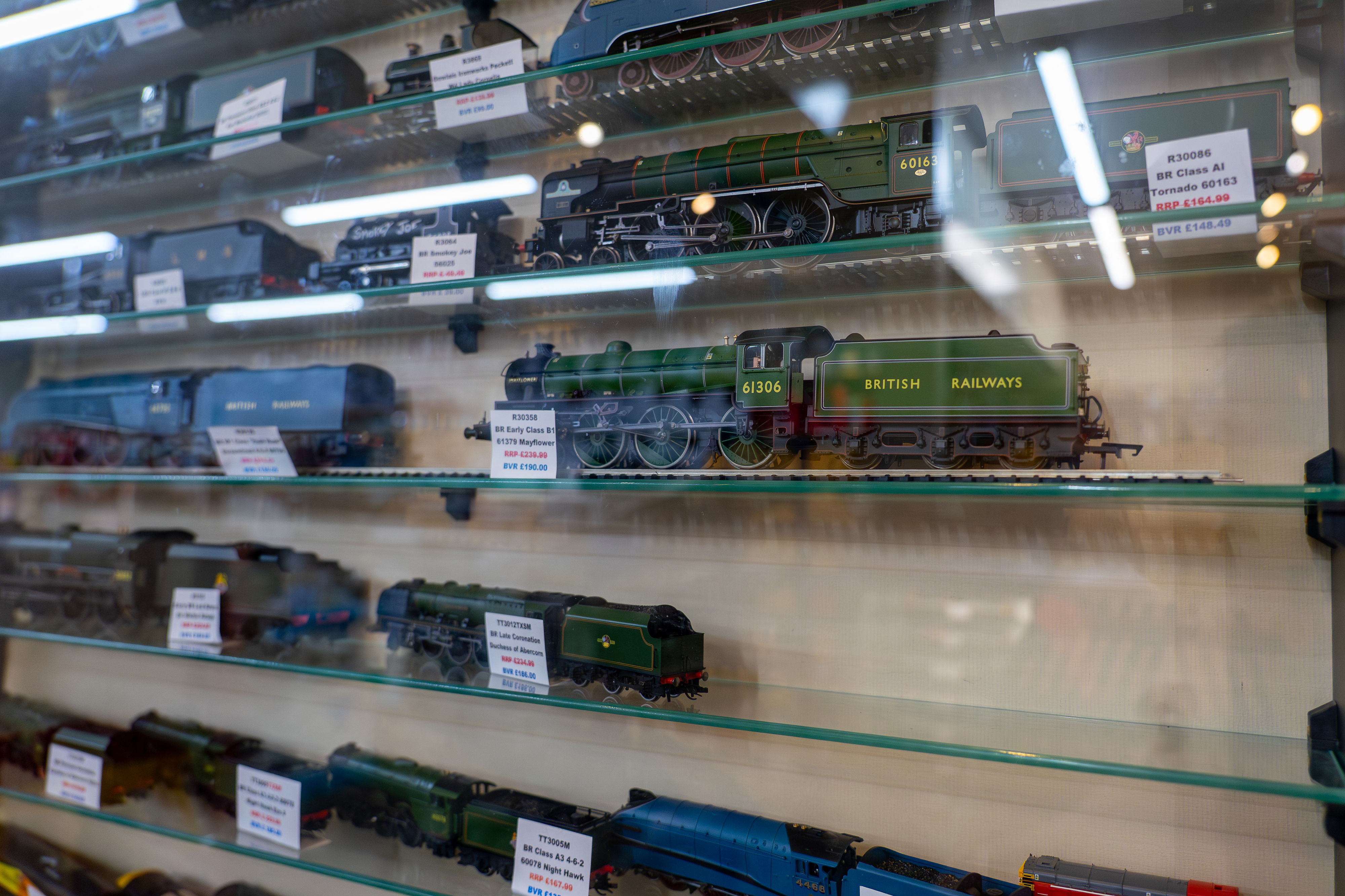 Locomotives on cabinet display at the Bure Valley Model Shop